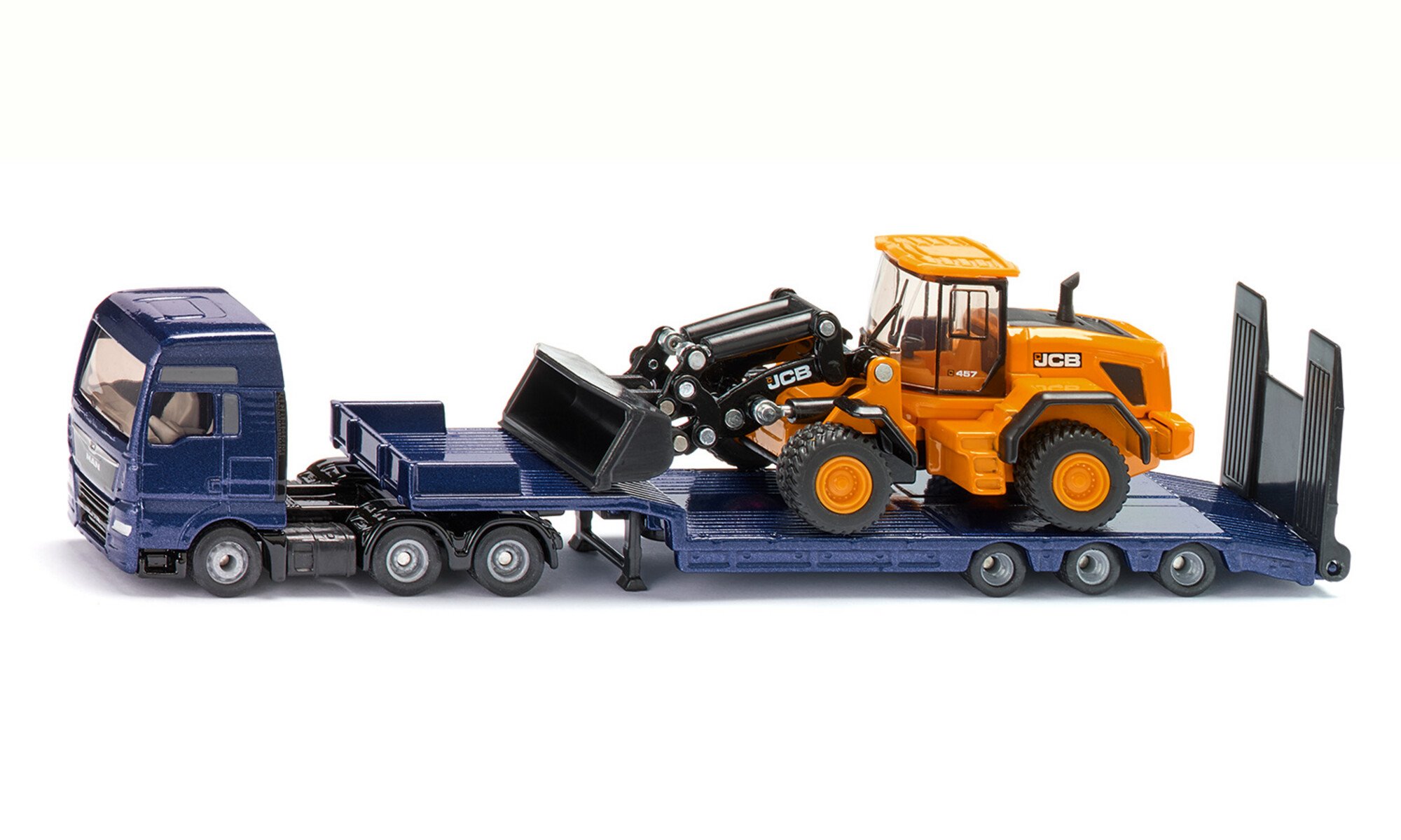 MAN truck with low loader and JCB wheel loader
